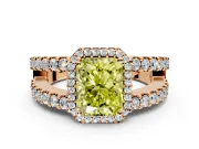 Halo Engagement Ring Setting for Fancy Yellow Radiant Cut Center with Wide-Open Pave Split Shank and Prong Head in Rose Gold