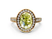 Halo Engagement Ring Setting for Fancy Yellow Oval Center with Outer Bezel Rim, Pave Band and Prong Head in Yellow Gold