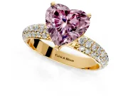 Solitaire Engagement Ring Setting for Fancy Pink Heart-Shaped Center with Domed Multi-Row Pave Band and Prong Head in Yellow Gold