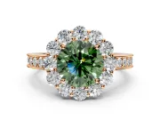 Halo Engagement Ring Setting for Fancy Green Round Cut Center with Milgrain Channel Band and Prong Head in Rose Gold