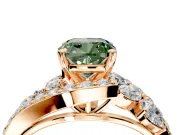 Halo Engagement Ring Setting for Fancy Green Cushion Cut Center with Marquise and Pave Bypass Band and Prong Head in Rose Gold