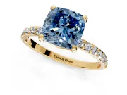 Solitaire Engagement Ring Setting for Fancy Blue Cushion Cut Center with Pave Accents and Prong Head in Yellow Gold