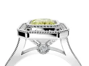 Halo Engagement Ring Setting for Fancy Yellow Radiant Cut Center with Milgrain Frame, Pave Band and Prong Head in White Gold