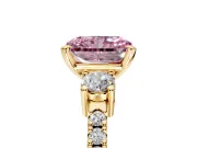 3 Stone Engagement Ring Setting for Fancy Pink Radiant Cut Center with Round Cut Side Accents and Prong Head in Yellow Gold