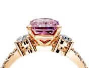 3 Stone Engagement Ring Setting for Fancy Pink Radiant Cut Center with Round Cut Side Accents and Prong Head in Rose Gold