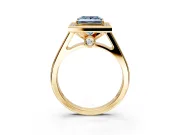 Halo Engagement Ring Setting for Fancy Blue Princess Cut Center with Outer Bezel Rim, Pave Band and Prong Head in Yellow Gold