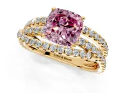Solitaire Engagement Ring Setting for Fancy Pink Cushion Cut Center with Woven 3-Strand Pave Band and Prong Head in Yellow Gold