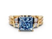 Solitaire Engagement Ring Setting for Fancy Blue Princess Cut Center with Grooved Bar Accent Band and Prong Head in Yellow Gold