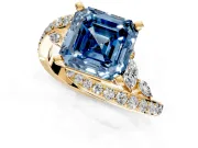 Solitaire Engagement Ring Setting for Fancy Blue Asscher Cut Center with Pave Bypass Twist Band and Prong Head in Yellow Gold