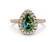 Halo Engagement Ring Setting for Fancy Green Pear-Shaped Center with Raised Halo, Pave Band and Prong Head in Rose Gold