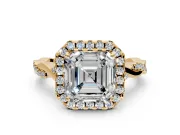 Halo Engagement Ring Setting for Asscher Cut Center with Twist Band and Prong Head in Yellow Gold