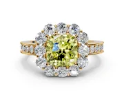Halo Engagement Ring Setting for Fancy Yellow Cushion Cut Center with Milgrain Channel Band and Prong Head in Yellow Gold