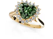 Starburst Halo Engagement Ring Setting for Fancy Green Heart-Shaped Center with Thin Round-Wire Band and Prong Head in Yellow Gold