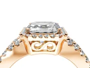 Halo Engagement Ring Setting for Asscher Cut Center with Wide-Open Pave Split Shank and Prong Head in Rose Gold