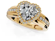 Halo Engagement Ring Setting for Heart-Shaped Center with Wide Band, Inlaid Accent Row and Prong Head in Yellow Gold