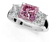 3 Stone Engagement Ring Setting for Fancy Pink Princess Cut Center with Raised Basket Heads and Prong Head in Sterling Silver
