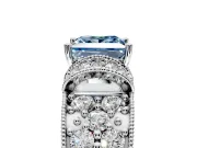 Pave Engagement Ring Setting for Fancy Blue Princess Cut Center with Curved Accent Rows, Openwork and Prong Head in White Gold