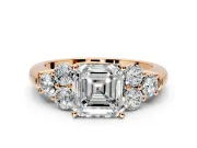 Cluster Engagement Ring Setting for Asscher Cut Center with Round Cut Accent Frame and Prong Head in Rose Gold