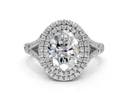 Double Halo Engagement Ring Setting for Oval Center with Narrow Pave Split Shank and Prong Head in Platinum