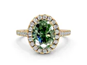 Halo Engagement Ring Setting for Fancy Green Oval Center with Raised Halo, Pave Band and Prong Head in Yellow Gold