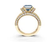 Pave Engagement Ring Setting for Fancy Blue Asscher Cut Center with Curved Accent Rows, Openwork and Prong Head in Yellow Gold