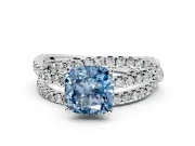 Solitaire Engagement Ring Setting for Fancy Blue Cushion Cut Center with Woven 3-Strand Pave Band and Prong Head in White Gold