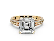 Solitaire Engagement Ring Setting for Asscher Cut Center with Pave Rail Split Shank and Prong Head in Yellow Gold