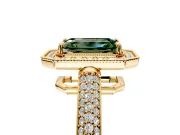 Milgrain Halo Engagement Ring Setting for Fancy Green Emerald Cut Center with Three-Sided Pave Band and Prong Head in Yellow Gold