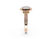 Halo Engagement Ring Setting for Radiant Cut Center with Outer Bezel Rim, Pave Band and Prong Head in Rose Gold