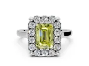 Single Halo Engagement Ring Setting for Fancy Yellow Emerald Cut Center with Corner Claws, Plain Band and Prong Head in Platinum