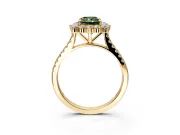 Halo Engagement Ring Setting for Fancy Green Radiant Cut Center with Single-Row Pave, Open Basket and Prong Head in Yellow Gold