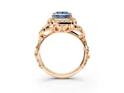 Halo Engagement Ring Setting for Fancy Blue Princess Cut Center with Open Scroll Shoulders and Prong Head in Rose Gold