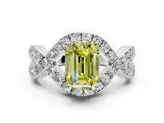 Halo Engagement Ring Setting for Fancy Yellow Emerald Cut Center with Pave Infinity Twist Band and Prong Head in Platinum