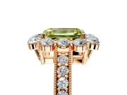 Halo Engagement Ring Setting for Fancy Yellow Emerald Cut Center with Milgrain Channel Band and Prong Head in Rose Gold