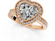 Halo Engagement Ring Setting for Heart-Shaped Center with Milgrain Halo, Pave Band and Prong Head in Rose Gold
