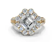 Large Accent Halo Engagement Ring Setting for Asscher Cut Center with Pave Split Shank and Prong Head in Yellow Gold