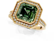 Halo Engagement Ring Setting for Fancy Green Asscher Cut Center with Milgrain Pave Band and Bezel Head in Yellow Gold