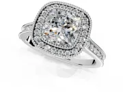Halo Engagement Ring Setting for Cushion Cut Center with Milgrain Pave Band and Bezel Head in Platinum