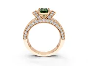 Pave Engagement Ring Setting for Fancy Green Emerald Cut Center with Curved Accent Rows, Openwork and Prong Head in Rose Gold
