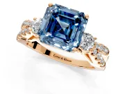 3 Stone Engagement Ring Setting for Fancy Blue Asscher Cut Center with Pave Split Shank and Prong Head in Rose Gold