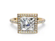 Halo Engagement Ring Setting for Princess Cut Center with Pave Accents, Heart Basket and Prong Head in Yellow Gold
