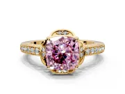 Floral Engagement Ring Setting for Fancy Pink Cushion Cut Center with Four Accent Clusters and Prong Head in Yellow Gold