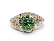 Halo Engagement Ring Setting for Fancy Green Round Cut Center with Marquise and Pave Bypass Band and Prong Head in Yellow Gold