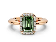 Halo Engagement Ring Setting for Fancy Green Emerald Cut Center with Tapered Plain Band and Prong Head in Rose Gold