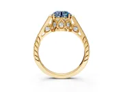 Cathedral Engagement Ring Setting for Fancy Blue Round Cut Center with Antique-Style Pave Band and Prong Head in Yellow Gold