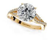 Solitaire Engagement Ring Setting for Round Cut Center with Twisted Pave Split Shank and Prong Head in Yellow Gold