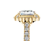 Milgrain Floral Halo Engagement Ring Setting for Princess Cut Center with Pave Band and Prong Head in Yellow Gold