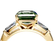 3 Stone Engagement Ring Setting for Fancy Green Asscher Cut Center with Tapered Baguettes, Plain Band and Prong Head in Yellow Gold