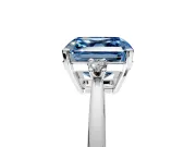3 Stone Engagement Ring Setting for Fancy Blue Asscher Cut Center with Low-Set Round Cut Accents and Prong Head in Platinum