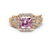 Milgrain Halo Engagement Ring Setting for Fancy Pink Princess Cut Center with Shoulder Bezels and Prong Head in Rose Gold